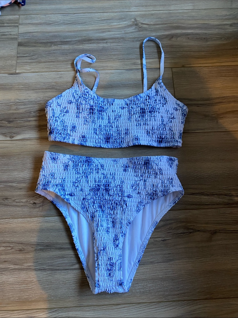 SHEIN White and Blue Smocked Floral Bikini Set